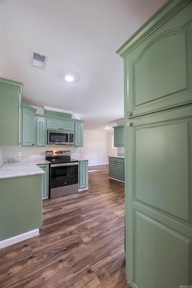 kitchen with stainless steel appliances, green cabinetry, and dark wood-type flooring