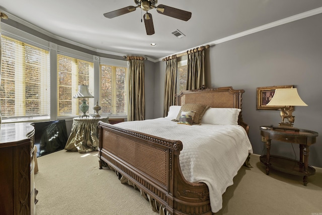 bedroom featuring ceiling fan, light carpet, and ornamental molding