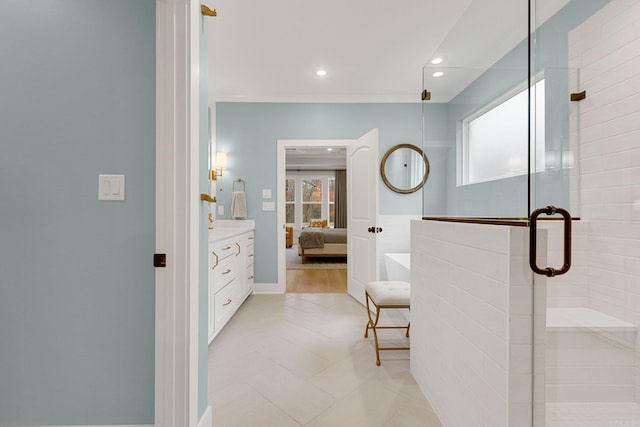 bathroom featuring vanity, hardwood / wood-style flooring, and an enclosed shower