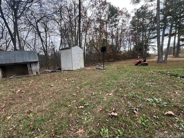 view of yard featuring a storage unit