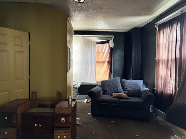 living area featuring a textured ceiling