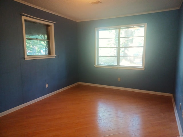 spare room featuring light wood-type flooring and ornamental molding