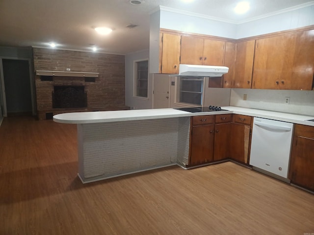 kitchen featuring black electric stovetop, white dishwasher, light wood-type flooring, a fireplace, and ornamental molding