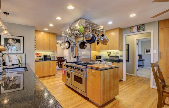 kitchen featuring decorative light fixtures, light hardwood / wood-style floors, double oven range, and sink