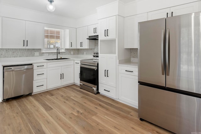 kitchen with white cabinets, light hardwood / wood-style floors, sink, and stainless steel appliances