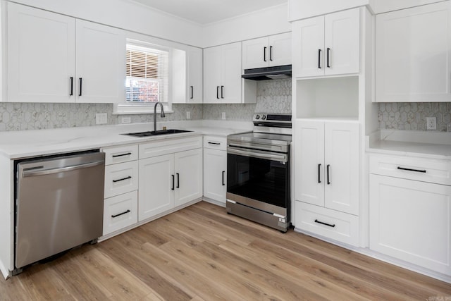 kitchen with white cabinetry, sink, appliances with stainless steel finishes, and light hardwood / wood-style flooring