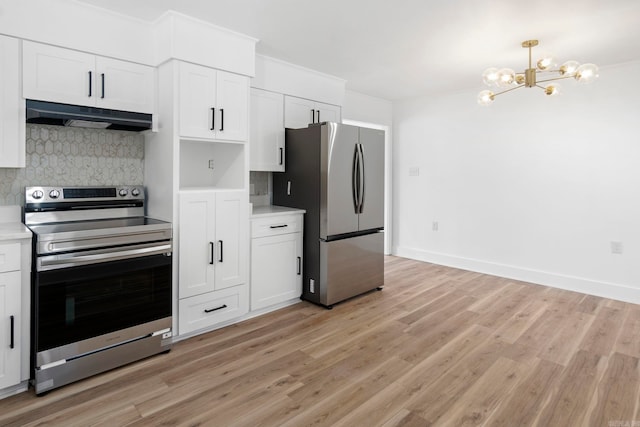 kitchen with decorative backsplash, stainless steel appliances, white cabinetry, and light hardwood / wood-style floors