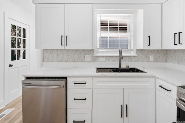 kitchen featuring white cabinetry, stainless steel dishwasher, and sink