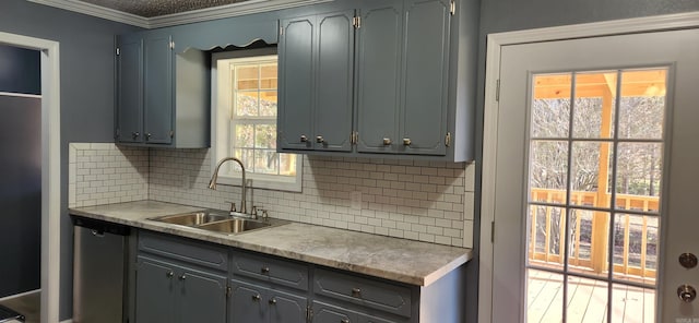 kitchen with gray cabinets, dishwasher, sink, and crown molding