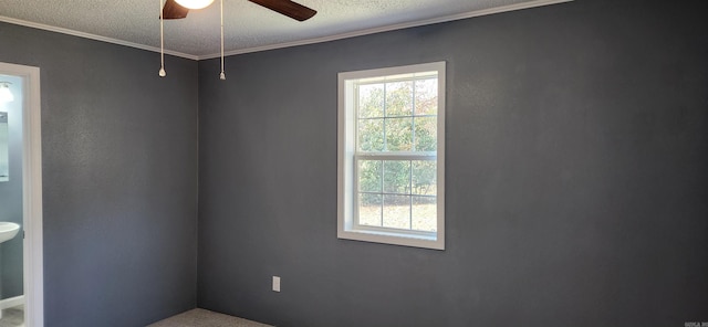 spare room featuring ceiling fan, ornamental molding, and a textured ceiling