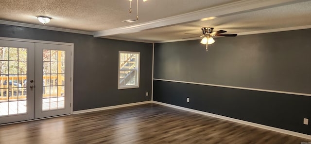 unfurnished room with french doors, crown molding, dark hardwood / wood-style floors, ceiling fan, and a textured ceiling