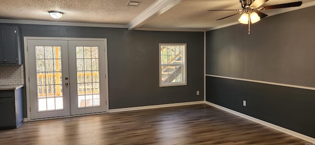 interior space with french doors, dark hardwood / wood-style floors, ceiling fan, and a healthy amount of sunlight