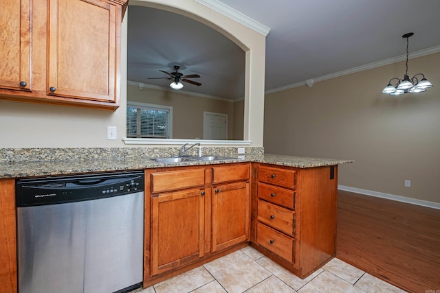 kitchen featuring kitchen peninsula, stainless steel dishwasher, crown molding, sink, and light hardwood / wood-style flooring