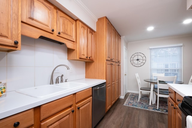 kitchen featuring decorative backsplash, ornamental molding, stainless steel dishwasher, and dark wood-type flooring