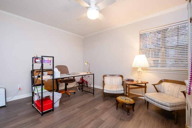 home office featuring dark hardwood / wood-style flooring, ceiling fan, and ornamental molding