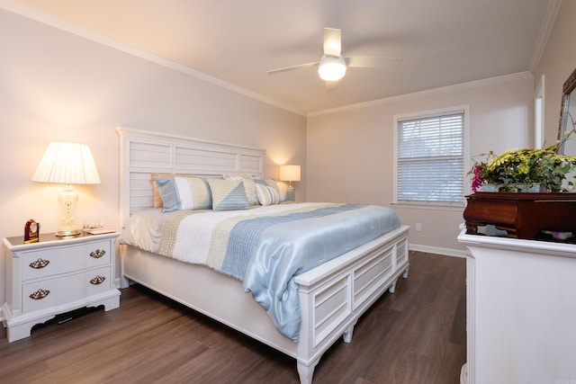 bedroom featuring ceiling fan, dark hardwood / wood-style flooring, and ornamental molding