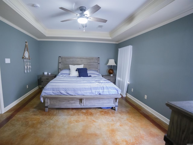 bedroom with a raised ceiling, ceiling fan, and crown molding