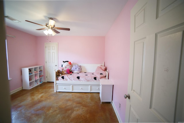 carpeted bedroom with ceiling fan