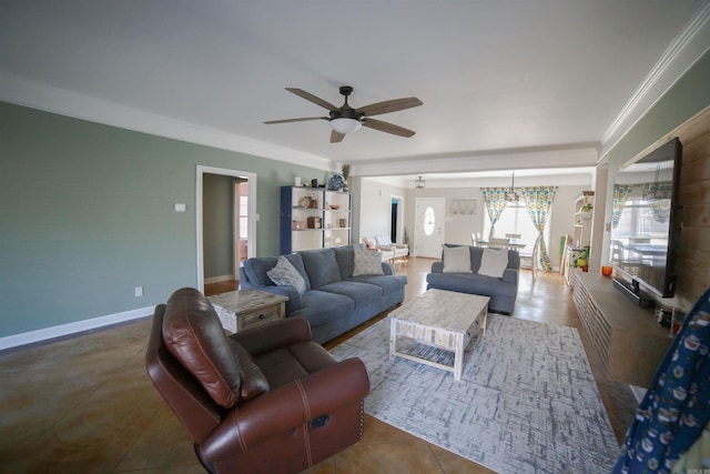 tiled living room featuring ceiling fan and ornamental molding