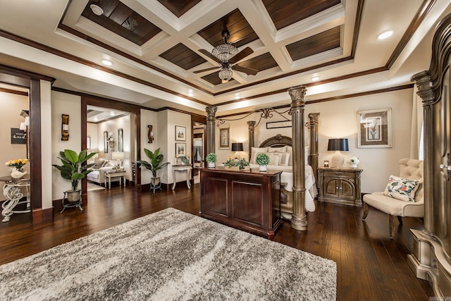 bedroom with ornate columns, coffered ceiling, beamed ceiling, dark hardwood / wood-style floors, and crown molding