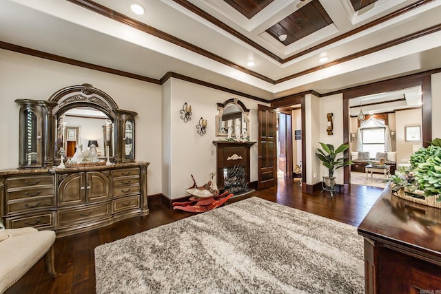 bedroom featuring beam ceiling, dark hardwood / wood-style flooring, crown molding, and coffered ceiling