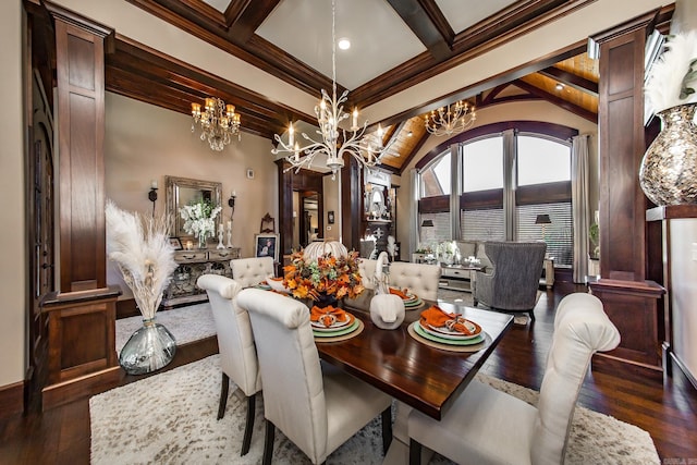 dining room featuring vaulted ceiling with beams, dark wood-type flooring, and a notable chandelier