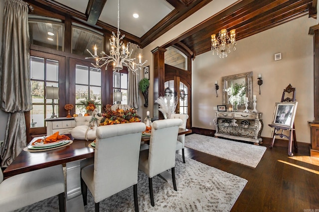 dining area featuring coffered ceiling, french doors, crown molding, hardwood / wood-style flooring, and beamed ceiling