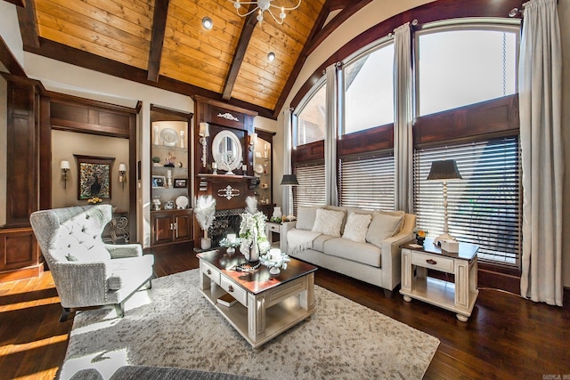 living room featuring beamed ceiling, wooden ceiling, high vaulted ceiling, and dark wood-type flooring