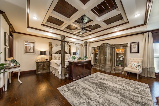 bedroom featuring beamed ceiling, dark hardwood / wood-style flooring, ornamental molding, and coffered ceiling