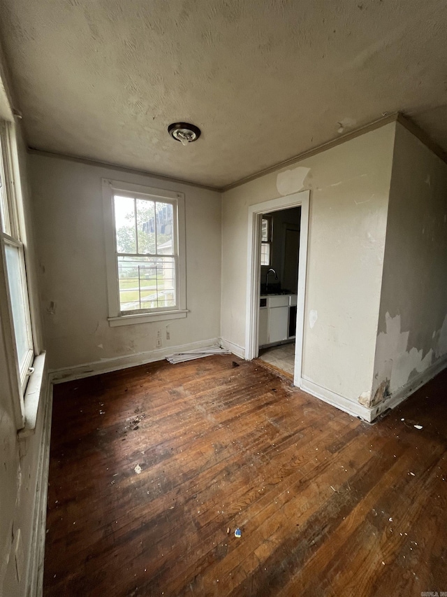 empty room with dark hardwood / wood-style floors, sink, and a textured ceiling