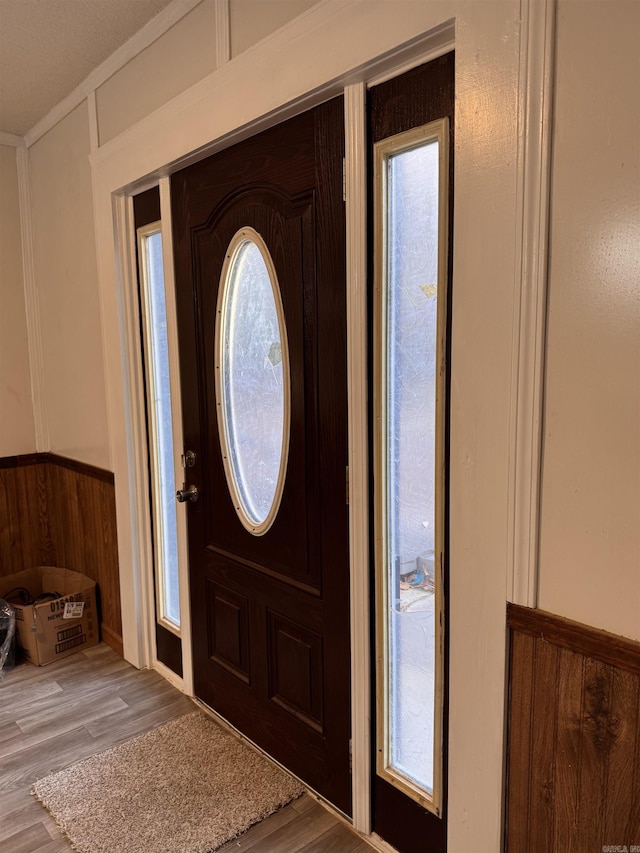 entrance foyer with plenty of natural light, wood walls, and wood-type flooring