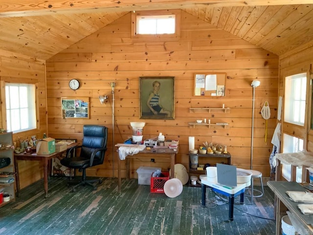 interior space with wood-type flooring, lofted ceiling, wooden ceiling, and wood walls