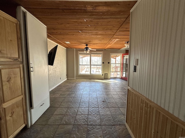 interior space with ceiling fan, wood ceiling, and wood walls