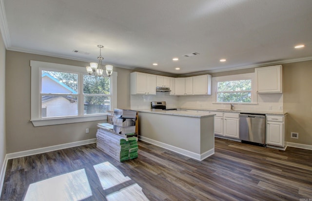 kitchen featuring white cabinetry, pendant lighting, stainless steel appliances, and dark hardwood / wood-style floors