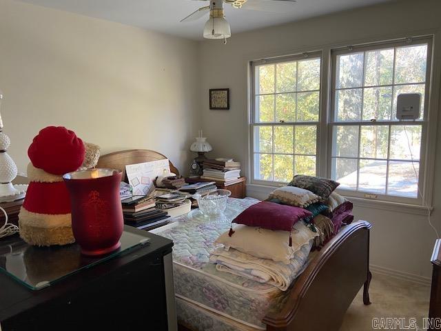 carpeted bedroom featuring ceiling fan