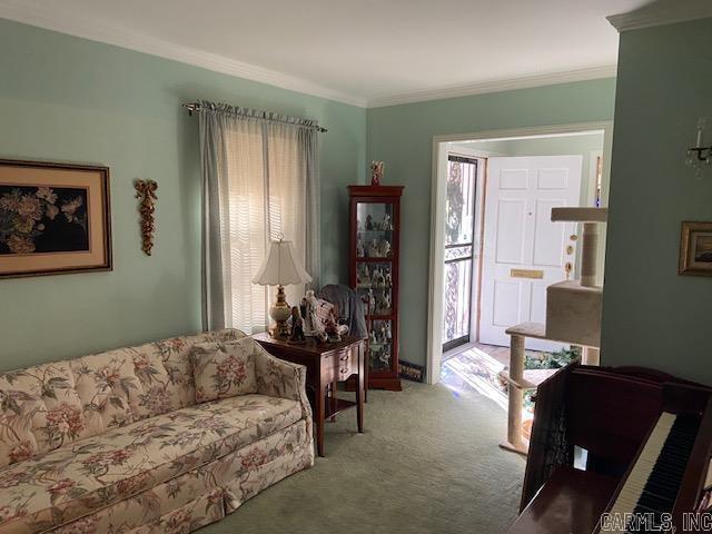 carpeted living room with plenty of natural light and crown molding