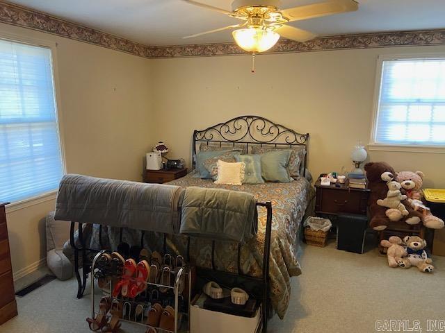 carpeted bedroom featuring ceiling fan