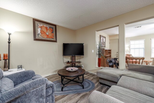 living room featuring hardwood / wood-style floors and a textured ceiling