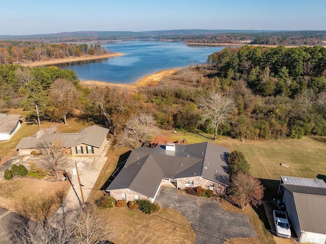 aerial view featuring a water view