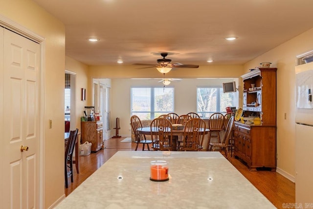 dining area with ceiling fan and dark wood-type flooring