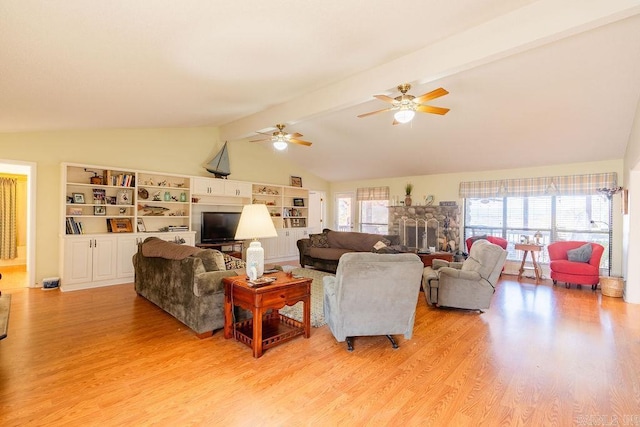 living room with ceiling fan, light hardwood / wood-style flooring, and lofted ceiling with beams