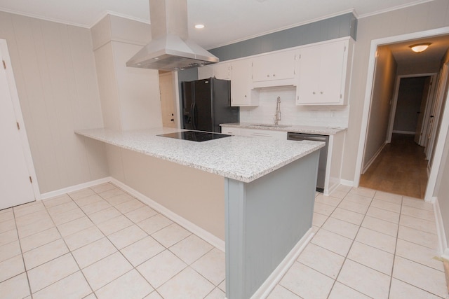 kitchen with black appliances, sink, ornamental molding, and island exhaust hood