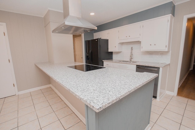 kitchen featuring black appliances, white cabinets, ornamental molding, light tile patterned floors, and island exhaust hood