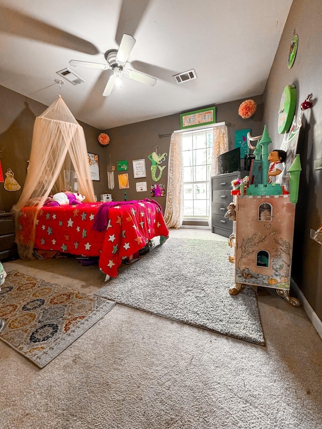 carpeted bedroom with ceiling fan