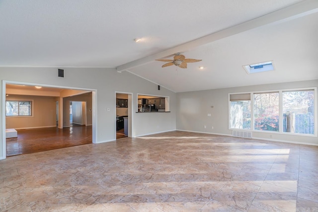 unfurnished living room featuring ceiling fan and lofted ceiling with skylight