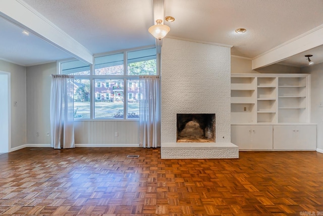 unfurnished living room with a textured ceiling, vaulted ceiling with beams, a large fireplace, and crown molding