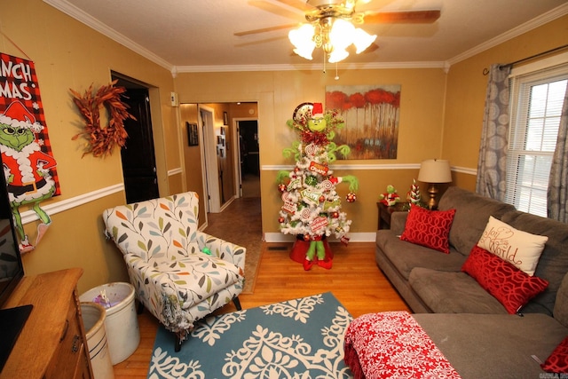 living room with hardwood / wood-style floors, ceiling fan, and crown molding