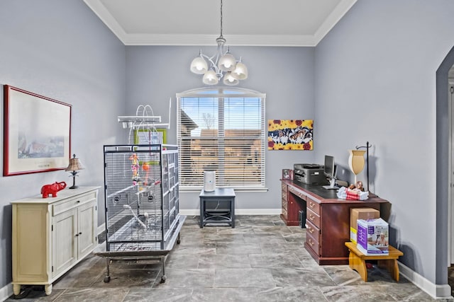 office featuring a chandelier and crown molding