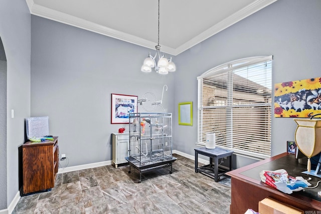 office space featuring an inviting chandelier and crown molding