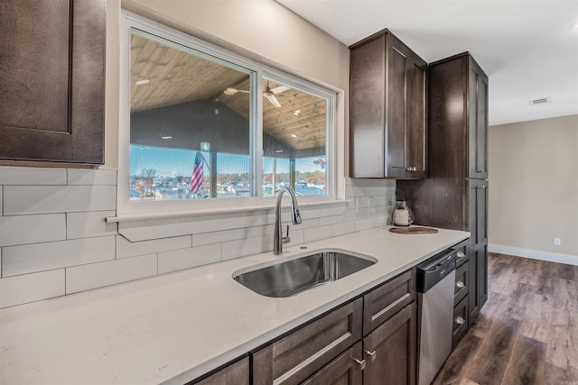 kitchen with dishwasher, tasteful backsplash, dark hardwood / wood-style flooring, vaulted ceiling, and wood ceiling